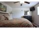 Bedroom with a ceiling fan, TV, and decorated with a mirror and seaside paintings at 9003 Lido Ln, Port Richey, FL 34668