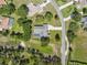 Bird's eye view of home, showcasing backyard pool and mature trees in a quiet neighborhood at 9431 Amidon St, Spring Hill, FL 34608