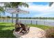 Outdoor patio with comfortable seating overlooking serene lake views at 10342 Altrara Way, Trinity, FL 34655