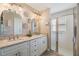 Bathroom with double sinks, decorative mirrors, and a glass-enclosed shower at 1242 Almondwood Dr, Trinity, FL 34655