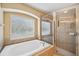 This bathroom offers a separate shower and tub with natural light and ceramic tile at 1410 Halapa Way, Trinity, FL 34655