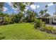 Spacious backyard with a lush green lawn, mature trees, and a wooden fence providing privacy at 1830 Santa Barbara Dr, Dunedin, FL 34698