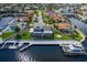 Aerial view of a blue house on a waterfront lot with a dock and a boat, perfect for coastal living at 3150 Trident Ter, New Port Richey, FL 34652