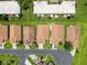 This aerial view presents a neighborhood featuring tidy homes with matching roofs and manicured lawns along a paved street at 3317 Abigail Ct, New Port Richey, FL 34655