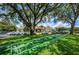 Outdoor shuffleboard court located on a well-maintained lawn with the clubhouse in the background at 9719 Oakwood Hills Ct, New Port Richey, FL 34655