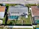An overhead shot of a well-maintained home showcasing the screened pool, backyard and a tidy lawn at 10029 Freestone Ln, Port Richey, FL 34668