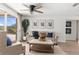 Bright living room with light-colored walls, a plush sofa, and sliding glass doors to the backyard at 10224 Old Orchard Ln, Port Richey, FL 34668