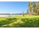Picturesque lake view with grassy picnic area, seating, mature trees, and waterfront access at 13901 Vacation Ln, Odessa, FL 33556