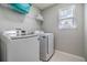 Bright laundry room equipped with modern washer and dryer, shelving, and a window at 1783 Oak Hammock Ct, Lutz, FL 33558
