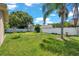 Spacious fenced backyard with green grass, mature trees, and potential for various outdoor activities and gardening at 2048 Ground Squirrel Dr, New Port Richey, FL 34655