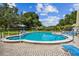 Inviting community pool featuring a shallow end with blue lounge chairs for relaxation at 2101 Sunset Point Rd # 201, Clearwater, FL 33765