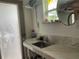 Bathroom sink with patterned door and mirror at 21045 Lazy Days Cir, Lutz, FL 33558