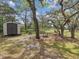 The backyard features mature trees, a storage shed, and seating under the canopy for peaceful outdoor enjoyment at 2404 Knoll Dr, Spring Hill, FL 34608