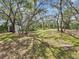 Spacious backyard featuring mature trees, a storage shed, and open green space, perfect for outdoor activities at 2404 Knoll Dr, Spring Hill, FL 34608