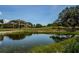 A luxury home as seen across the pond, surrounded by mature trees and lush greenery, on a sunny day at 2987 Wentworth Way, Tarpon Springs, FL 34688