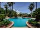 Backyard pool area featuring mature palm trees, lush vegetation, and a tranquil fountain at 2987 Wentworth Way, Tarpon Springs, FL 34688