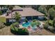 Beautiful aerial view of backyard pool and tropical landscaping and screened-in porch at 2987 Wentworth Way, Tarpon Springs, FL 34688
