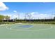 Well-maintained outdoor basketball court with vibrant green and blue surfaces, surrounded by landscaping and fencing at 33466 Landsman Loop, Wesley Chapel, FL 33543