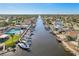An aerial shot showcases waterfront homes with boat docks and community amenities, set against a stunning coastal backdrop at 4052 Marine Pkwy, New Port Richey, FL 34652