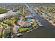 A picturesque aerial shot highlights a waterfront community, complete with boat docks, a pool, and tennis courts at 4052 Marine Pkwy, New Port Richey, FL 34652