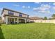 Expansive backyard featuring a lush lawn, covered patio, and secure fencing, perfect for outdoor enjoyment at 4083 Woods Rider Loop, Odessa, FL 33556