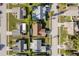 Aerial view of a neighborhood with well-maintained lawns, pools, and various home styles in a quiet residential area at 4752 Weasel Dr, New Port Richey, FL 34653
