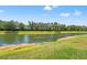 Scenic view of a tranquil pond with lush green grass and a tree line, perfect for nature lovers at 6282 Darien Way, Spring Hill, FL 34606