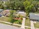 Aerial view of a charming home with a well-kept yard, mature trees, and a convenient two-car garage at 8404 Fishhawk Ave, New Port Richey, FL 34653