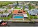 Backyard oasis featuring a screened in pool, private boat dock, and lush landscaping by the water at 9921 San Mateo Way, Port Richey, FL 34668