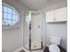 Neutral bathroom with an enclosed shower, octagonal window, and white cabinets at 10124 Heathcliff St, Spring Hill, FL 34608