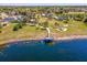 Aerial view of community amenities, including a lakefront pier, pool, and well-maintained green spaces at 14000 Lugano Ct, Hudson, FL 34669