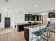 Kitchen and breakfast bar with dark cabinetry, granite countertops, stainless appliances, and modern lighting at 14000 Lugano Ct, Hudson, FL 34669