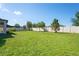 Backyard view showcasing privacy fence, large grassy area and shade trees at 18558 Cortes Creek Blvd, Spring Hill, FL 34610
