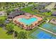 An aerial view of a community pool featuring a unique heart shape, complete with sun loungers and palm trees at 18558 Cortes Creek Blvd, Spring Hill, FL 34610