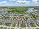 Aerial view of a residential neighborhood featuring tree-lined streets, lakes, and well-maintained homes at 3885 Villamore Ln, Odessa, FL 33556