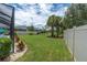 Beautiful backyard with lush green grass, tropical trees, and a privacy fence create a serene outdoor space at 4026 Bonfire Dr, Odessa, FL 33556