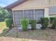 Home's exterior back view with manicured shrubs, siding, and three windows at 4420 Sawgrass Blvd, New Port Richey, FL 34653