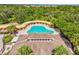 Aerial view of the community pool with a covered seating area and lounge chairs surrounded by lush trees and landscaping at 4481 Birchfield Loop, Spring Hill, FL 34609