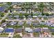 Wide aerial shot displaying the property's location within a residential area, surrounded by tree-lined streets and varied house designs at 5321 Mosaic Dr, Holiday, FL 34690