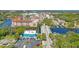 Scenic aerial view featuring a waterfront restaurant, a bridge, and surrounding greenery at 5724 Casson Ave, New Port Richey, FL 34652