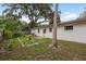 View of the backyard showing a small garden, mature trees, and exterior of the home at 6019 Wyoming Ave, New Port Richey, FL 34653