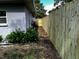 Backyard featuring green shrubbery on the side of the home and a new wooden fence on the side at 723 W Bayshore Dr, Tarpon Springs, FL 34689