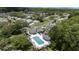Aerial view of community pool and clubhouse with lounge area surrounded by lush greenery at 11621 Pear Tree Dr, New Port Richey, FL 34654