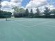 Tennis court with a green playing surface, trees, and a high net at 13600 Crest Lake Dr, Hudson, FL 34669