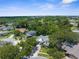 An aerial view of a neighborhood featuring lush greenery, mature trees, solar panels, and backyard pools at 1430 Rosetree Ct, Clearwater, FL 33764