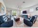 Open-concept living area with leather seating, large sliding glass doors, and a modern entertainment center at 18743 W Coastal Shore Ter, Land O Lakes, FL 34638