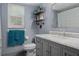 Bathroom featuring a gray vanity with a marble countertop and industrial-style decorative shelving at 2295 Rio Cir, Spring Hill, FL 34608