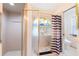Shower with glass door and designer tile, plus decorative window at 8522 Cranes Roost Dr, New Port Richey, FL 34654