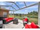 Relaxing screened-in patio with stylish outdoor furniture and serene views of the pond at 9309 Edistro Pl, New Port Richey, FL 34654