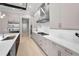 Modern kitchen with white cabinetry, stainless steel appliances, and a mosaic tile backsplash at 9704 Milano Dr, Trinity, FL 34655